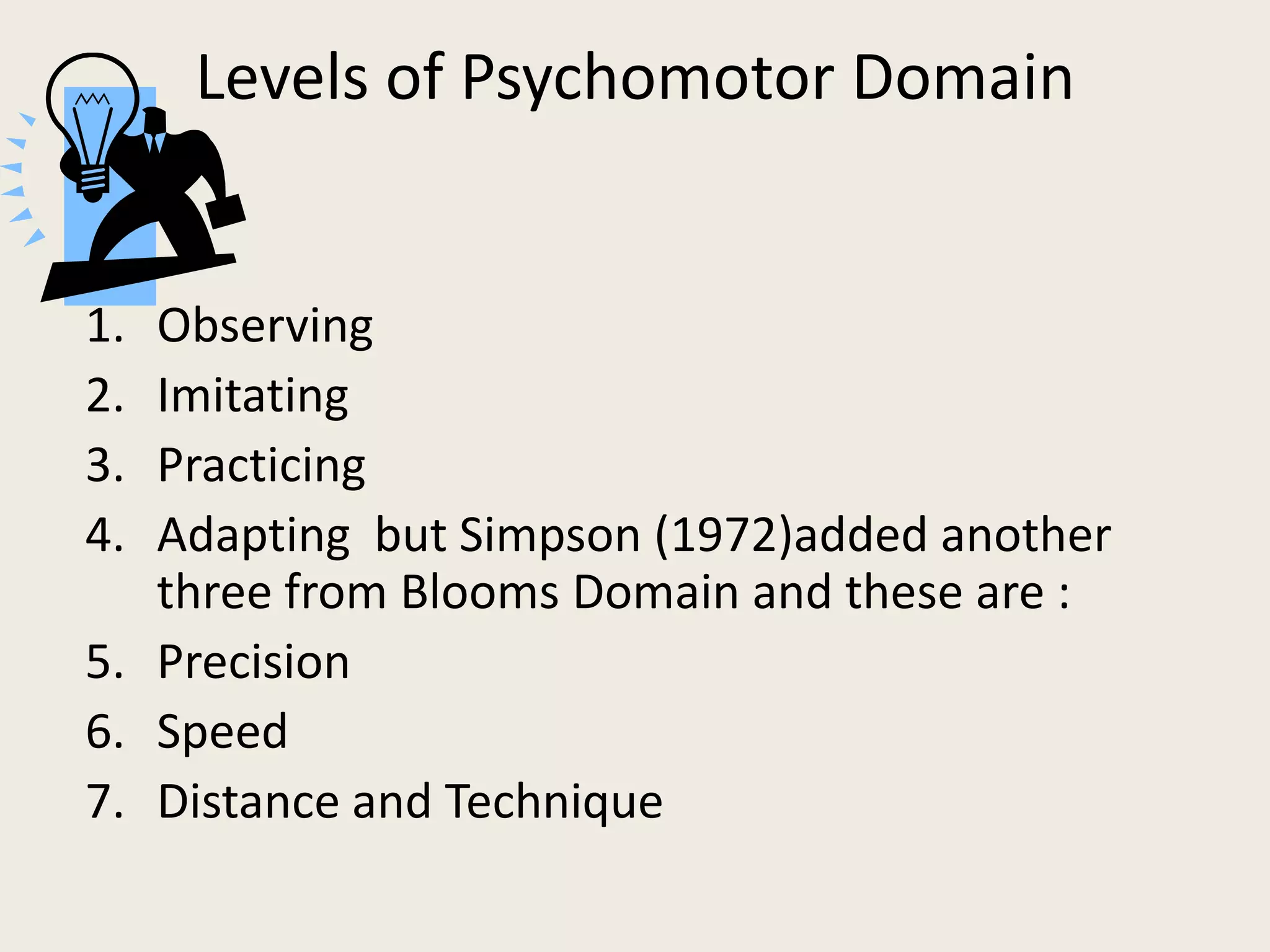 Levels of Psychomotor Domain


1. Observing
2. Imitating
3. Practicing
4. Adapting but Simpson (1972)added another
   three from Blooms Domain and these are :
5. Precision
6. Speed
7. Distance and Technique
 