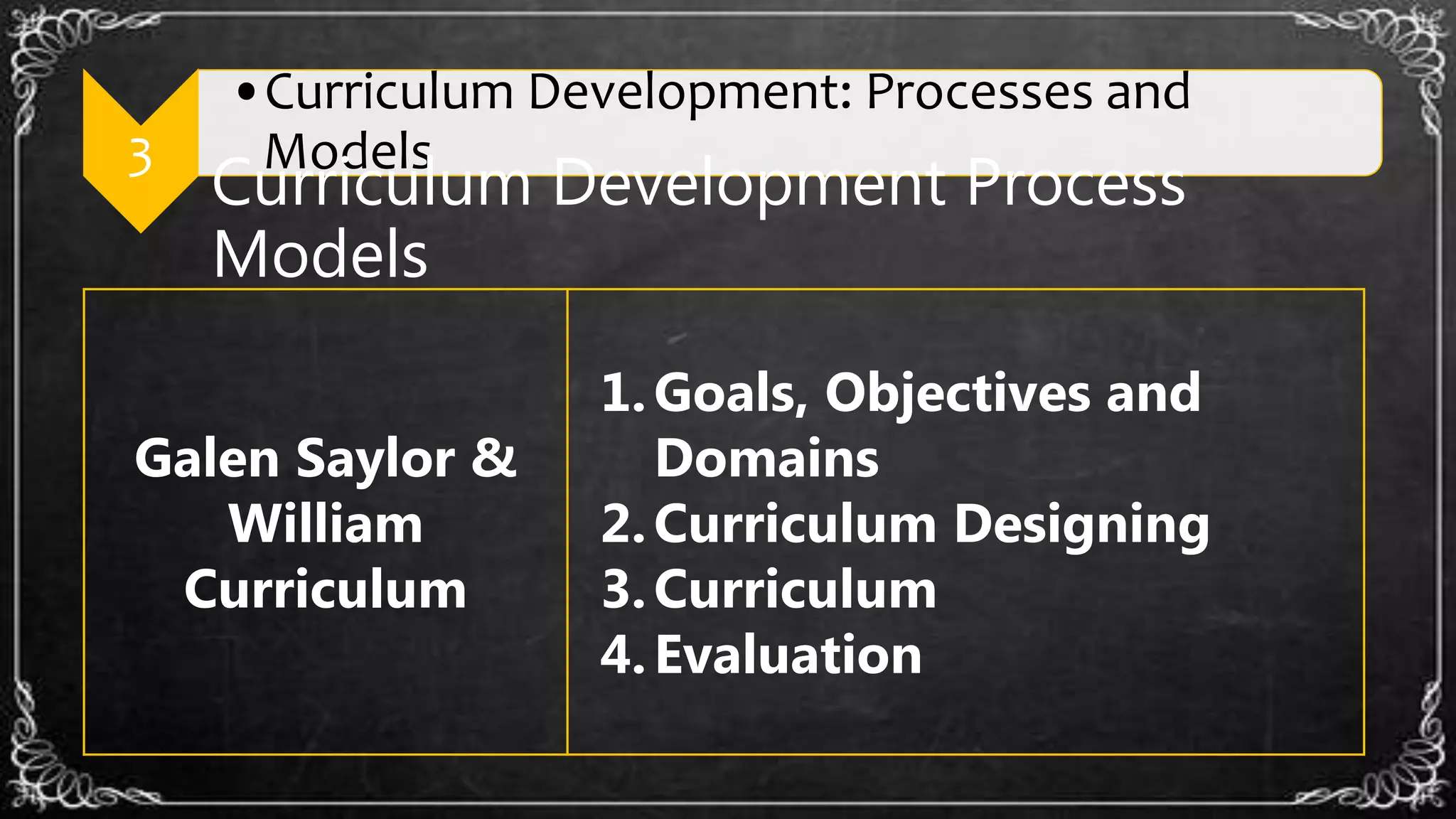 3
•Curriculum Development: Processes and
Models
Curriculum Development Process
Models
Galen Saylor &
William
Curriculum
1.Goals, Objectives and
Domains
2.Curriculum Designing
3.Curriculum
4.Evaluation
 