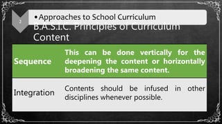 B.A.S.I.C. Principles of Curriculum
Content
2
•Approaches to School Curriculum
Sequence
This can be done vertically for the
deepening the content or horizontally
broadening the same content.
Integration
Contents should be infused in other
disciplines whenever possible.
 
