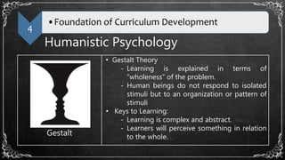 4
•Foundation of Curriculum Development
Humanistic Psychology
Gestalt
• Gestalt Theory
- Learning is explained in terms of
“wholeness” of the problem.
- Human beings do not respond to isolated
stimuli but to an organization or pattern of
stimuli
• Keys to Learning:
- Learning is complex and abstract.
- Learners will perceive something in relation
to the whole.
 