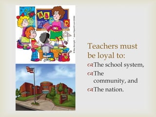 Teachers must
be loyal to:
The school system,
The
 community, and
The nation.
 