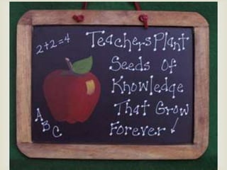 Believed to be important to know:
                                      
1. Teacher                              4. Art
   A member of a profession whose         The teacher who makes use of his
    central purpose is to help others       ingenious knowledge.
    learn.
                                        5. Commitment
2. Knowledgeable                           Willingness to perform the
   A teacher who is familiar with          demand of the profession.
    rich experience of modern life.
                                        6. Love
3. Educated                                The personal feeling of
   A teacher possessing a sense of         attachment arising from
    the mystery of the universeand a        compassionate understanding.
    desire to learn and achieve more
    in the teaching profession.
   A teacher-scholar describes
    accurately the ideals he seeks.
 