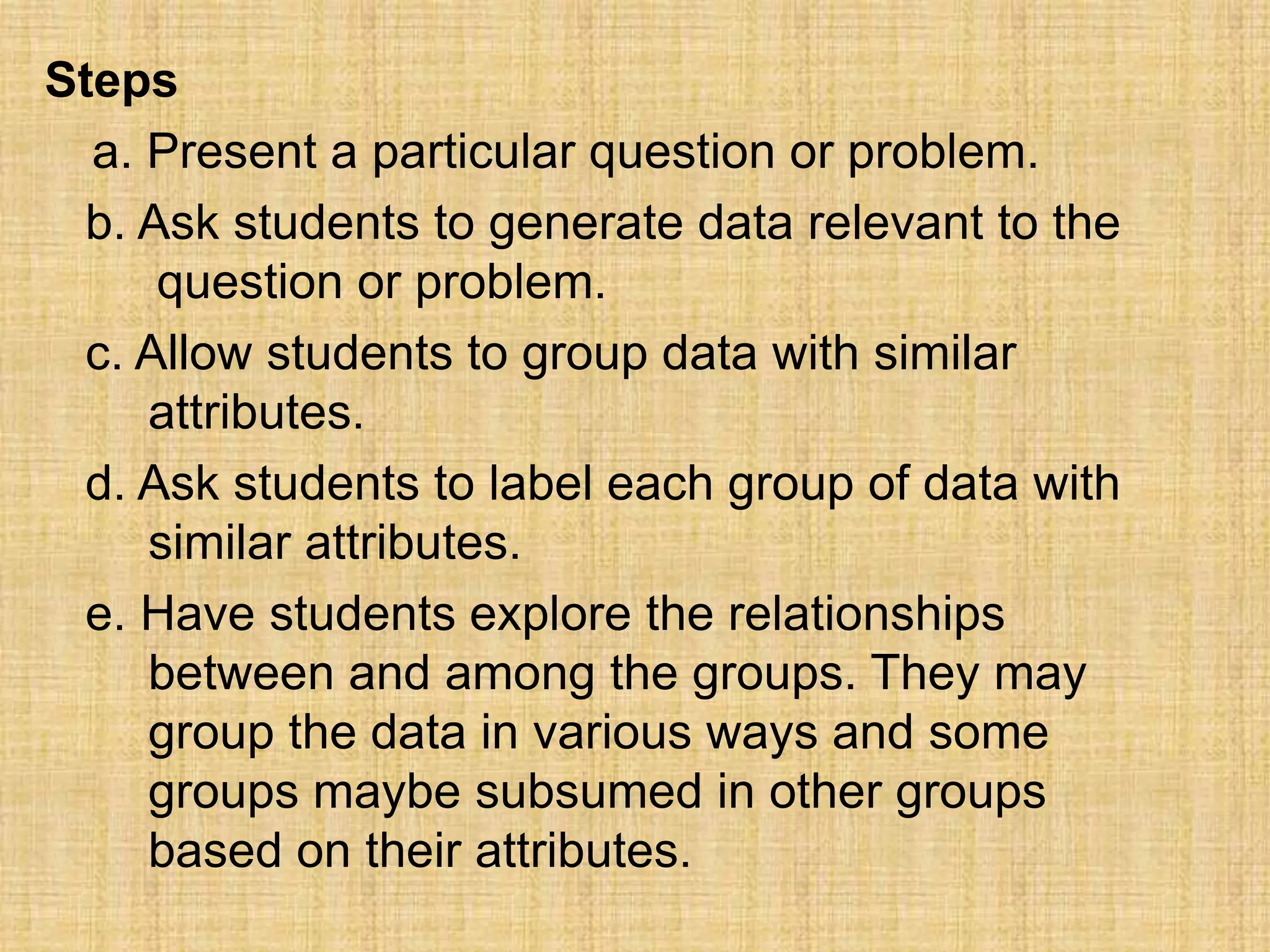 Steps
  a. Present a particular question or problem.
 b. Ask students to generate data relevant to the
     question or problem.
 c. Allow students to group data with similar
     attributes.
 d. Ask students to label each group of data with
     similar attributes.
 e. Have students explore the relationships
     between and among the groups. They may
     group the data in various ways and some
     groups maybe subsumed in other groups
     based on their attributes.
 