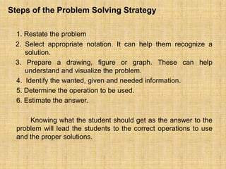Steps of the Problem Solving Strategy

 1. Restate the problem
 2. Select appropriate notation. It can help them recognize a
    solution.
 3. Prepare a drawing, figure or graph. These can help
    understand and visualize the problem.
 4. Identify the wanted, given and needed information.
 5. Determine the operation to be used.
 6. Estimate the answer.

      Knowing what the student should get as the answer to the
  problem will lead the students to the correct operations to use
  and the proper solutions.
 