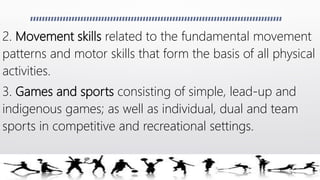2. Movement skills related to the fundamental movement
patterns and motor skills that form the basis of all physical
activities.
3. Games and sports consisting of simple, lead-up and
indigenous games; as well as individual, dual and team
sports in competitive and recreational settings.
 