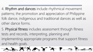 4. Rhythm and dances include rhythmical movement
patterns; the promotion and appreciation of Philippine
folk dance, indigenous and traditional dances as well as
other dance forms.
5. Physical fitness includes assessment through fitness
tests and records, interpreting, planning and
implementing appropriate programs that support fitness
and health goals.
 
