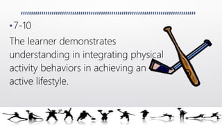 •7-10
The learner demonstrates
understanding in integrating physical
activity behaviors in achieving an
active lifestyle.
 
