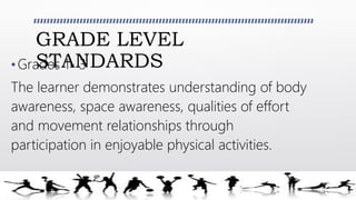 GRADE LEVEL
STANDARDS• Grades 1- 3
The learner demonstrates understanding of body
awareness, space awareness, qualities of effort
and movement relationships through
participation in enjoyable physical activities.
 