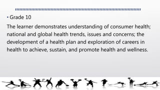 • Grade 10
The learner demonstrates understanding of consumer health;
national and global health trends, issues and concerns; the
development of a health plan and exploration of careers in
health to achieve, sustain, and promote health and wellness.
 