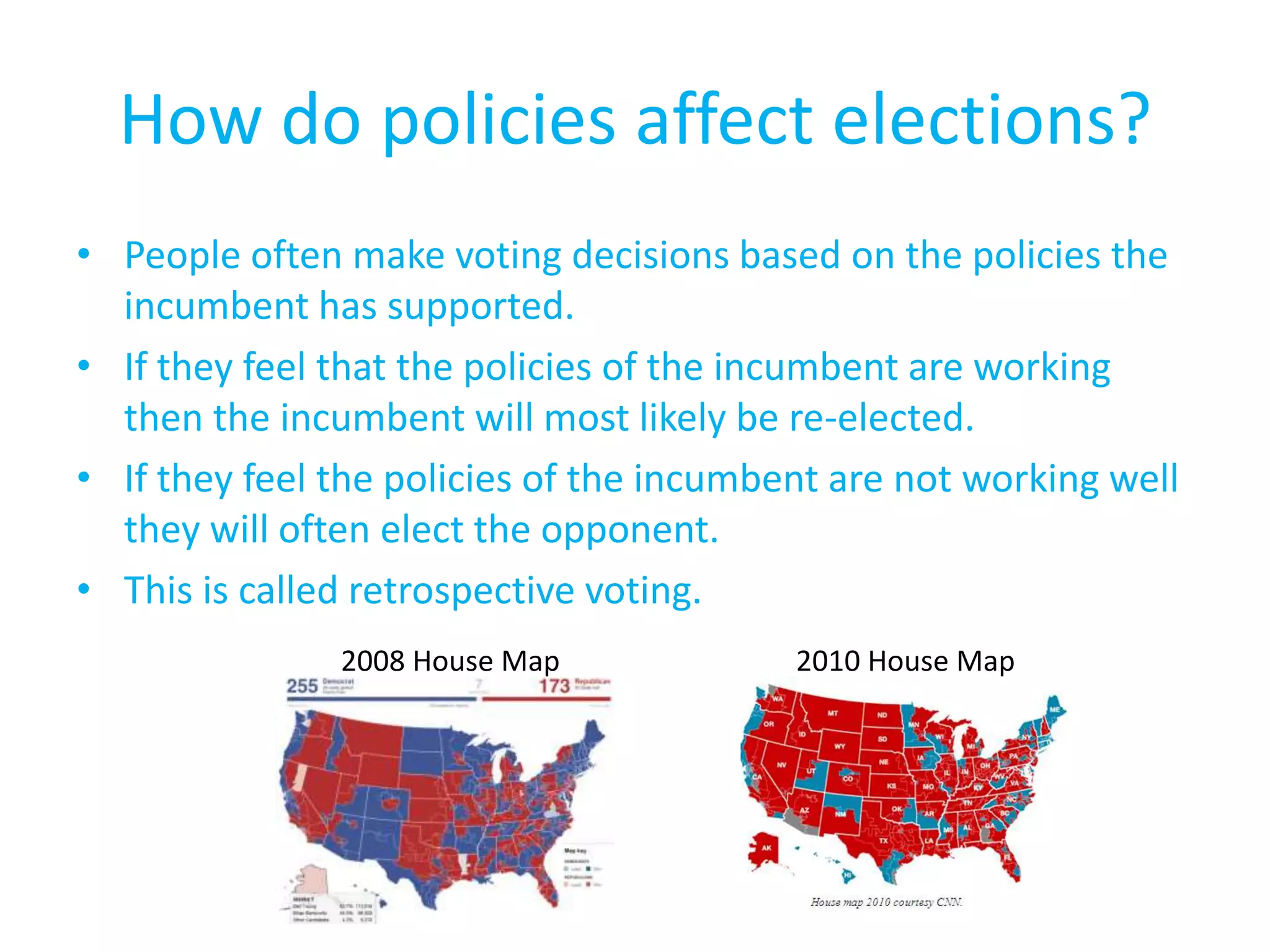 How do policies affect elections?People often make voting decisions based on the policies the incumbent has supported.If they feel that the policies of the incumbent are working then the incumbent will most likely be re-elected.If they feel the policies of the incumbent are not working well they will often elect the opponent.This is called retrospective voting.2010 House Map2008 House Map