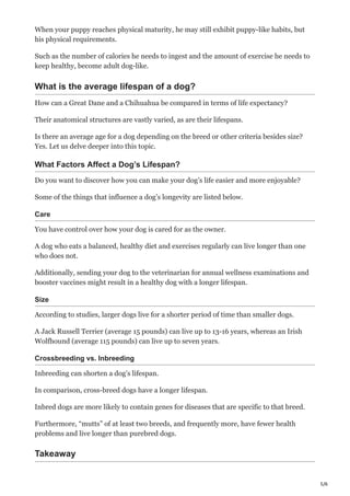 5/6
When your puppy reaches physical maturity, he may still exhibit puppy-like habits, but
his physical requirements.
Such as the number of calories he needs to ingest and the amount of exercise he needs to
keep healthy, become adult dog-like.
What is the average lifespan of a dog?
How can a Great Dane and a Chihuahua be compared in terms of life expectancy?
Their anatomical structures are vastly varied, as are their lifespans.
Is there an average age for a dog depending on the breed or other criteria besides size?
Yes. Let us delve deeper into this topic.
What Factors Affect a Dog’s Lifespan?
Do you want to discover how you can make your dog’s life easier and more enjoyable?
Some of the things that influence a dog’s longevity are listed below.
Care
You have control over how your dog is cared for as the owner.
A dog who eats a balanced, healthy diet and exercises regularly can live longer than one
who does not.
Additionally, sending your dog to the veterinarian for annual wellness examinations and
booster vaccines might result in a healthy dog with a longer lifespan.
Size
According to studies, larger dogs live for a shorter period of time than smaller dogs.
A Jack Russell Terrier (average 15 pounds) can live up to 13-16 years, whereas an Irish
Wolfhound (average 115 pounds) can live up to seven years.
Crossbreeding vs. Inbreeding
Inbreeding can shorten a dog’s lifespan.
In comparison, cross-breed dogs have a longer lifespan.
Inbred dogs are more likely to contain genes for diseases that are specific to that breed.
Furthermore, “mutts” of at least two breeds, and frequently more, have fewer health
problems and live longer than purebred dogs.
Takeaway
 