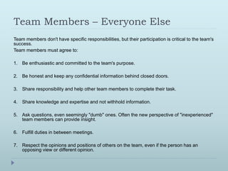 Team Members – Everyone Else 
Team members don't have specific responsibilities, but their participation is critical to the team's 
success. 
Team members must agree to: 
1. Be enthusiastic and committed to the team's purpose. 
2. Be honest and keep any confidential information behind closed doors. 
3. Share responsibility and help other team members to complete their task. 
4. Share knowledge and expertise and not withhold information. 
5. Ask questions, even seemingly "dumb" ones. Often the new perspective of "inexperienced" 
team members can provide insight. 
6. Fulfill duties in between meetings. 
7. Respect the opinions and positions of others on the team, even if the person has an 
opposing view or different opinion. 
 