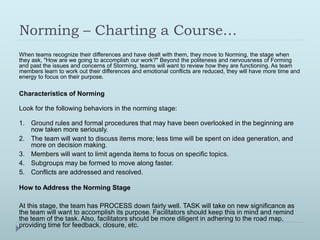 Norming – Charting a Course… 
When teams recognize their differences and have dealt with them, they move to Norming, the stage when 
they ask, "How are we going to accomplish our work?" Beyond the politeness and nervousness of Forming 
and past the issues and concerns of Storming, teams will want to review how they are functioning. As team 
members learn to work out their differences and emotional conflicts are reduced, they will have more time and 
energy to focus on their purpose. 
Characteristics of Norming 
Look for the following behaviors in the norming stage: 
1. Ground rules and formal procedures that may have been overlooked in the beginning are 
now taken more seriously. 
2. The team will want to discuss items more; less time will be spent on idea generation, and 
more on decision making. 
3. Members will want to limit agenda items to focus on specific topics. 
4. Subgroups may be formed to move along faster. 
5. Conflicts are addressed and resolved. 
How to Address the Norming Stage 
At this stage, the team has PROCESS down fairly well. TASK will take on new significance as 
the team will want to accomplish its purpose. Facilitators should keep this in mind and remind 
the team of the task. Also, facilitators should be more diligent in adhering to the road map, 
providing time for feedback, closure, etc. 
 