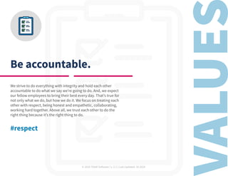 © 2020 TEAM Software | v. 2.2 | Last Updated: 10.2020
Be accountable.
We strive to do everything with integrity and hold each other
accountable to do what we say we’re going to do. And, we expect
our fellow employees to bring their best every day. That’s true for
not only what we do, but how we do it. We focus on treating each
other with respect, being honest and empathetic, collaborating,
working hard together. Above all, we trust each other to do the
right thing because it’s the right thing to do.
#respect
 