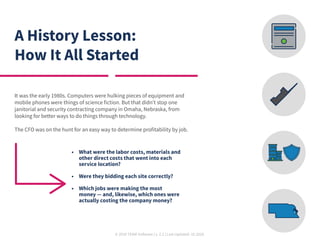 © 2020 TEAM Software | v. 2.2 | Last Updated: 10.2020
A History Lesson:
How It All Started
It was the early 1980s. Computers were hulking pieces of equipment and
mobile phones were things of science fiction. But that didn’t stop one
janitorial and security contracting company in Omaha, Nebraska, from
looking for better ways to do things through technology.
The CFO was on the hunt for an easy way to determine profitability by job.
•	 What were the labor costs, materials and
other direct costs that went into each
service location?
•	 Were they bidding each site correctly?
•	 Which jobs were making the most
money — and, likewise, which ones were
actually costing the company money?
 