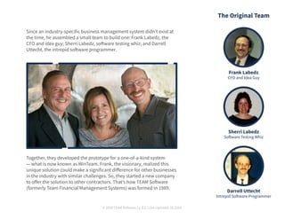 © 2020 TEAM Software | v. 2.2 | Last Updated: 10.2020
The Original Team
Frank Labedz
CFO and Idea Guy
Sherri Labedz
Software Testing Whiz
Darrell Uttecht
Intrepid Software Programmer
Since an industry-specific business management system didn’t exist at
the time, he assembled a small team to build one: Frank Labedz, the
CFO and idea guy; Sherri Labedz, software testing whiz; and Darrell
Uttecht, the intrepid software programmer.
Together, they developed the prototype for a one-of-a-kind system
— what is now known as WinTeam. Frank, the visionary, realized this
unique solution could make a significant difference for other businesses
in the industry with similar challenges. So, they started a new company
to offer the solution to other contractors. That’s how TEAM Software
(formerly Team Financial Management Systems) was formed in 1989.
 