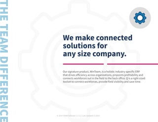© 2019 TEAM Software | v. 2.1 | Last Updated: 9.2019
We make connected
solutions for
any size company.
Our signature product, WinTeam, is a holistic industry-specific ERP
that drives efficiency across organizations, pinpoints profitability and
connects workforces out in the field to the back office. Q is a right-sized
toolset to connect workforces, provide field visibility and save time.
 