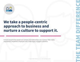 © 2019 TEAM Software | v. 2.1 | Last Updated: 9.2019
We take a people-centric
approach to business and
nurture a culture to support it.
It means we prioritize people over process and relationships over revenue. That creates
empowered, empathetic employees who create happy, engaged customers.
 
