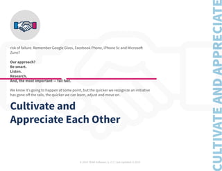 © 2019 TEAM Software | v. 2.1 | Last Updated: 9.2019
risk of failure. Remember Google Glass, Facebook Phone, iPhone 5c and Microsoft
Zune?
Our approach?
Be smart.
Listen.
Research.
And, the most important — fail fast.
We know it’s going to happen at some point, but the quicker we recognize an initiative
has gone off the rails, the quicker we can learn, adjust and move on.
Cultivate and
Appreciate Each Other
 