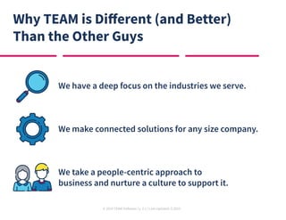 © 2019 TEAM Software | v. 2.1 | Last Updated: 9.2019
Why TEAM is Different (and Better)
Than the Other Guys
We have a deep focus on the industries we serve.
We make connected solutions for any size company.
We take a people-centric approach to
business and nurture a culture to support it.
 