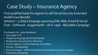Find qualified leads for Agents to sell Social Security Extended
HealthCare Benefit
Solution – 5 Step Campaign spanning DM,Web, Email & Social
Cost – Software - $299/month – all in <$5k – Reusable Campaign
Purchased List – 5800 Residents:
• Zip Codes inTX
• PeopleTurning Age 66 NotYet Retired
• People Not receiving SS or Not Sure
• Touch Cadence - Email, Postcard, Email Blast
• Survey – Qualification
• Drip Campaigns – different email streams based on Survey answers
• Facebook retargeting
 