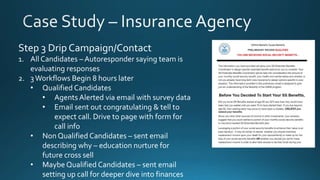 Step 3 Drip Campaign/Contact
1. All Candidates – Autoresponder saying team is
evaluating responses
2. 3Workflows Begin 8 hours later
• Qualified Candidates
• Agents Alerted via email with survey data
• Email sent out congratulating & tell to
expect call. Drive to page with form for
call info
• Non Qualified Candidates – sent email
describing why – education nurture for
future cross sell
• Maybe Qualified Candidates – sent email
setting up call for deeper dive into finances
 