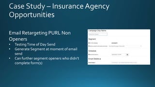 Email Retargeting PURL Non
Openers
• TestingTime of Day Send
• Generate Segment at moment of email
send
• Can further segment openers who didn’t
complete form(s)
 
