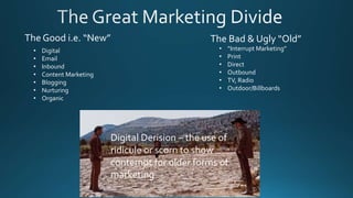 • Digital
• Email
• Inbound
• Content Marketing
• Blogging
• Nurturing
• Organic
• “Interrupt Marketing”
• Print
• Direct
• Outbound
• TV, Radio
• Outdoor/Billboards
The Good i.e. “New” The Bad & Ugly “Old”
Digital Derision – the use of
ridicule or scorn to show
contempt for older forms of
marketing
 