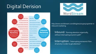 http://www.wordstream.com/blog/ws/2013/05/29/what-is-
inbound-marketing
Inbound: “Earning attention organically,
without interrupting anyone’s path”
Interruption: “Interrupting someone’s flow
of activity in order to get attention”
 