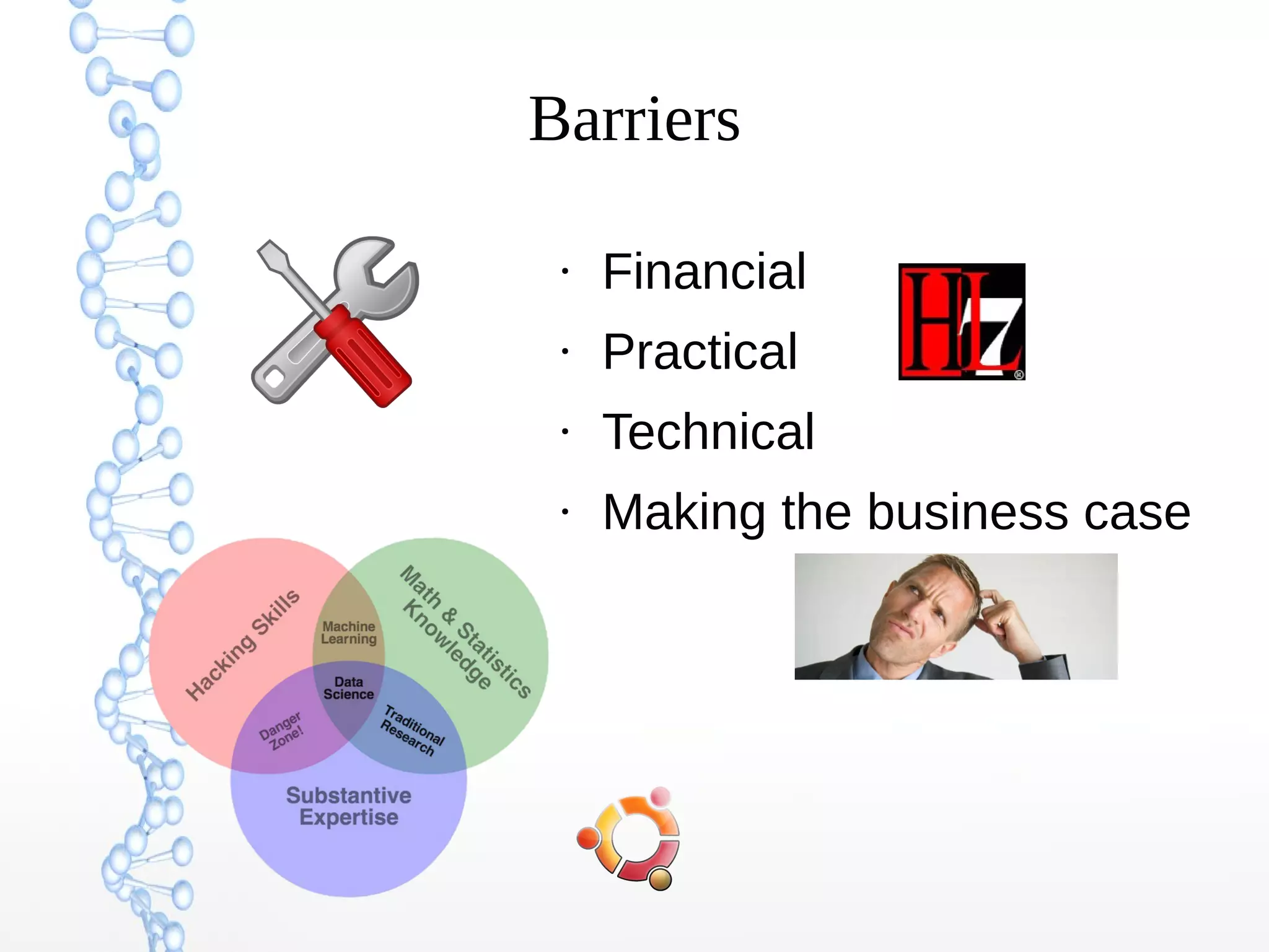 Barriers
●
Financial
●
Practical
●
Technical
●
Making the business case
 