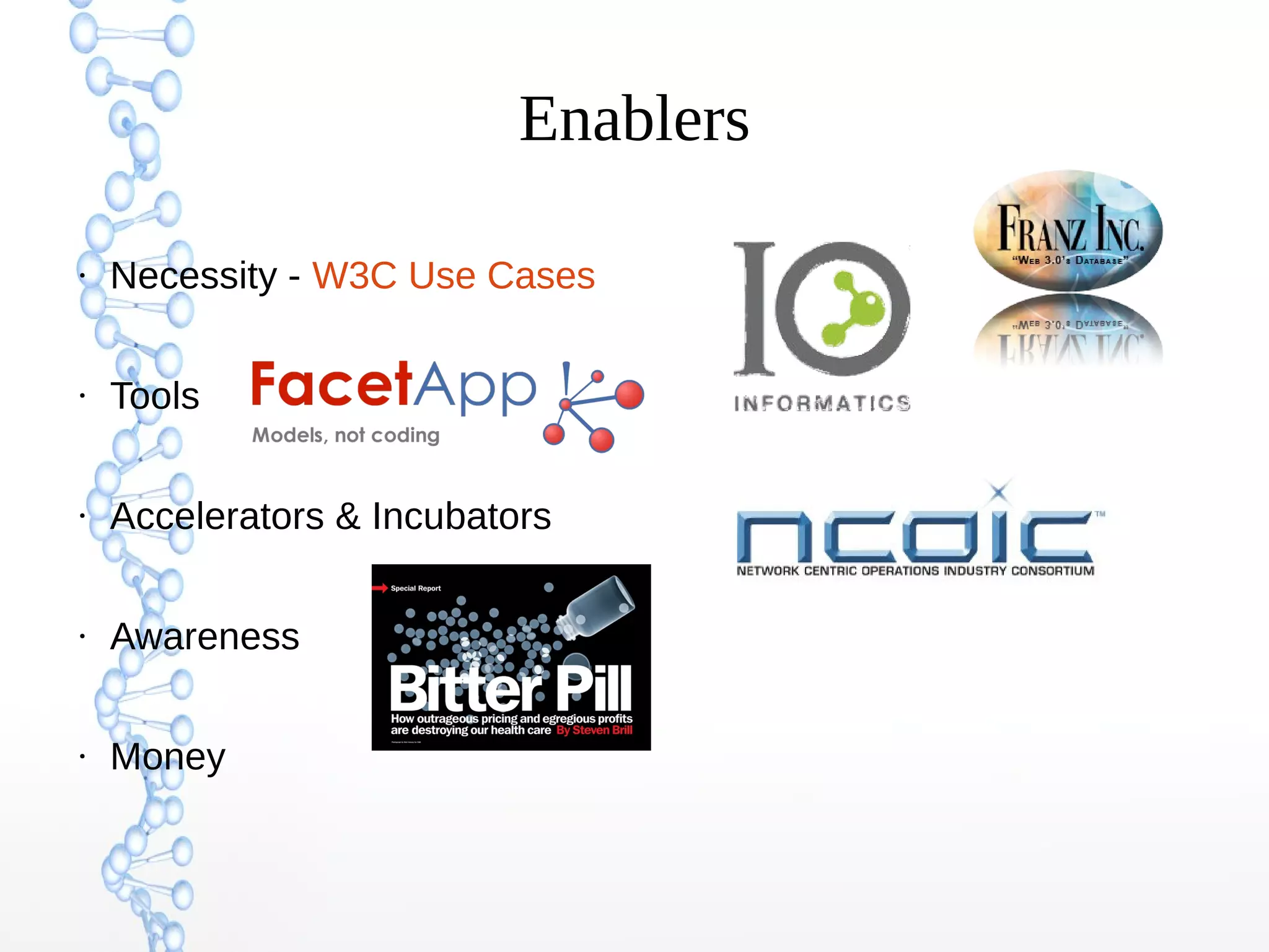 Enablers
●
Necessity - W3C Use Cases
●
Tools
●
Accelerators & Incubators
●
Awareness
●
Money
 
