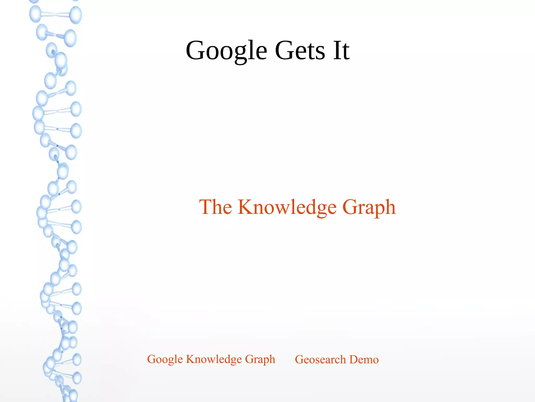 Google Gets It
Google Knowledge Graph Geosearch Demo
The Knowledge Graph
 