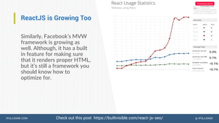 IPULLRANK.COM @ IPULLRANK
ReactJS is Growing Too
Similarly, Facebook’s MVW
framework is growing as
well. Although, it has a built
in feature for making sure
that it renders proper HTML,
but it’s still a framework you
should know how to
optimize for.
Check out this post https://builtvisible.com/react-js-seo/
 