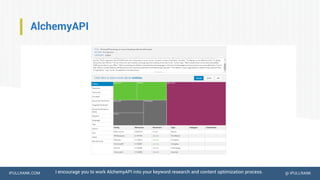 IPULLRANK.COM @ IPULLRANK
AlchemyAPI
I encourage you to work AlchemyAPI into your keyword research and content optimization process.
 