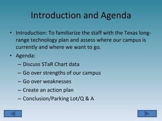 Introduction and Agenda Introduction: To familiarize the staff with the Texas long-range technology plan and assess where our campus is currently and where we want to go. Agenda:  Discuss STaR Chart data Go over strengths of our campus Go over weaknesses Create an action plan Conclusion/Parking Lot/Q & A 