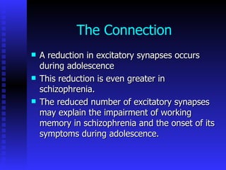 The Connection A reduction in excitatory synapses occurs during adolescence This reduction is even greater in schizophrenia.  The reduced number of excitatory synapses may explain the impairment of working memory in schizophrenia and the onset of its symptoms during adolescence.  