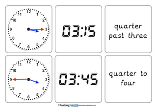 © www.teachingpacks.co.uk 
1. 
6:30 
2. 
3:30 
3. 
4. 
7:00 
5. 
11:15 
6. 
1. 
6:30 
2. 
3:30 
3. 
03:15 
03:45 
quarter 
past three 
quarter to 
four 
 