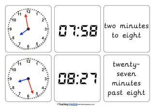 © www.teachingpacks.co.uk 
1. 
6:30 
2. 
3:30 
3. 
4. 
7:00 
5. 
11:15 
6. 
1. 
6:30 
2. 
3:30 
3. 
07:58 
08:27 
two minutes 
to eight 
twenty-seven 
minutes 
past eight 
 