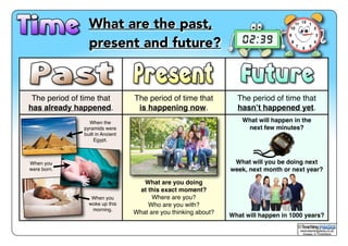 ! What are the past, 
present and future? 
The period of time that! 
has already happened. 
The period of time that! 
is happening now. 
The period of time that! 
hasn’t happened yet. 
When the 
pyramids were 
built in Ancient 
Egypt. 
When you! 
were born. 
When you 
woke up this 
morning. 
What are you doing! 
at this exact moment?! 
Where are you?! 
Who are you with?! 
What are you thinking about? 
What will happen in the 
next few minutes? 
What will you be doing next 
week, next month or next year? 
What will happen in 1000 years? 
© 
www.teachingpacks.co.uk! 
Images: © ThinkStock 
 