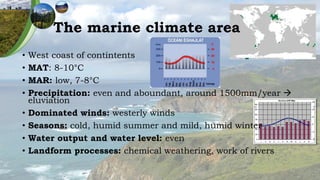 The marine climate area
• West coast of contintents
• MAT: 8-10°C
• MAR: low, 7-8°C
• Precipitation: even and aboundant, around 1500mm/year 
eluviation
• Dominated winds: westerly winds
• Seasons: cold, humid summer and mild, humid winter
• Water output and water level: even
• Landform processes: chemical weathering, work of rivers
 