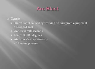    Cause
       Short Circuit caused by working on energized equipment
         Dropped Tool
     Occurs in milliseconds
     Temp: 30,000 degrees
     Air expands very violently
         15 tons of pressure
 
