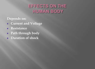 Depends on:
  Current and Voltage
  Resistance
  Path through body
  Duration of shock
 