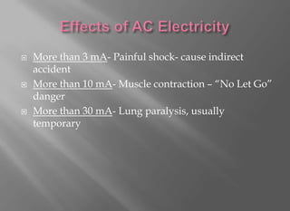    More than 3 mA- Painful shock- cause indirect
    accident
   More than 10 mA- Muscle contraction – “No Let Go”
    danger
   More than 30 mA- Lung paralysis, usually
    temporary
 