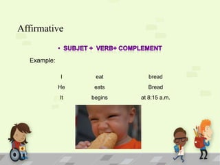 Affirmative
Example:
I

eat

bread

He

eats

Bread

It

begins

at 8:15 a.m.

 