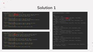 Solution 1
pprint.pprintln(stats1 ++ stats2)
/*
Map(
2020-01-18 -> Map(
"App X" -> CacheStats(None, Some(5000L), Some(2000L),
Some(500L), Some(5000L), Some(2500L)),
"App Y" -> CacheStats(Some(800), None, Some(3100L), None,
Some(7890L), Some(1513L)),
"App Z" -> CacheStats(None, Some(678L), None, None, Some(800L),
None)
),
2020-01-19 -> Map(
"App A" -> CacheStats(None, None, Some(4098L), None,
Some(5418L), None),
"App B" -> CacheStats(Some(1567), None, Some(4098L),
Some(1000L), Some(5418L), Some(3000L)),
"App C" -> CacheStats(None, None, Some(500L), Some(467L),
Some(800L), None)
),
2020-03-05 -> Map(
"App A" -> CacheStats(Some(4378), None, Some(3210L),
Some(1000L), None, None),
"App Y" -> CacheStats(None, Some(1345L), Some(9032L),
Some(123L), None, None)
),
2020-04-10 -> Map("App X" -> CacheStats(None, None, Some(432L),
None, Some(2541L), None))
)
*/
val stats1: Map[LocalDate, Map[String, CacheStats]] = Map(
LocalDate.of(2020, 1, 18) -> Map(
"App X" -> CacheStats.make(Some(1000), Some(5000), Some(2000), Some(500), Some(5000), Some(2500)),
"App Y" -> CacheStats.make(None, Some(3500), Some(3100), None, Some(7890), Some(1513)),
"App Z" -> CacheStats.make(None, None, Some(500), None, Some(800), None)
),
LocalDate.of(2020, 1, 19) -> Map(
"App A" -> CacheStats.make(None, None, Some(4098), None, Some(5418), None),
"App B" -> CacheStats.make(Some(1567), Some(2854), Some(4098), Some(1000), Some(5418), Some(3000)),
"App C" -> CacheStats.make(None, None, Some(500), None, Some(800), None)
),
LocalDate.of(2020, 3, 5) -> Map(
"App A" -> CacheStats.make(Some(4378), Some(1000), Some(3210), Some(1000), None, None),
"App Y" -> CacheStats.make(None, None, Some(9032), Some(123), None, None)
),
LocalDate.of(2020, 4, 10) -> Map(
"App X" -> CacheStats.make(Some(1879), None, Some(432), None, Some(2541), None)
)
)
val stats2: Map[LocalDate, Map[String, CacheStats]] = Map(
LocalDate.of(2020, 1, 18) -> Map(
"App X" -> CacheStats.make(None, Some(5000), Some(2000), Some(500), Some(5000), Some(2500)),
"App Y" -> CacheStats.make(Some(800), None, Some(3100), None, Some(7890), Some(1513)),
"App Z" -> CacheStats.make(None, Some(678), None, None, Some(800), None)
),
LocalDate.of(2020, 1, 19) -> Map(
"App A" -> CacheStats.make(None, None, Some(4098), None, Some(5418), None),
"App B" -> CacheStats.make(Some(1567), None, Some(4098), Some(1000), Some(5418), Some(3000)),
"App C" -> CacheStats.make(None, None, Some(500), Some(467), Some(800), None)
),
LocalDate.of(2020, 3, 5) -> Map(
"App A" -> CacheStats.make(Some(4378), None, Some(3210), Some(1000), None, None),
"App Y" -> CacheStats.make(None, Some(1345), Some(9032), Some(123), None, None)
),
LocalDate.of(2020, 4, 10) -> Map(
"App X" -> CacheStats.make(None, None, Some(432), None, Some(2541), None)
)
)
 