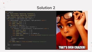 Solution 2
def combine(
left: Map[LocalDate, Map[String, CacheStats]],
right: Map[LocalDate, Map[String, CacheStats]]
): Map[LocalDate, Map[String, CacheStats]] = {
(left.keySet ++ right.keySet).map { date =>
val newStatsByApp = (left.get(date), right.get(date)) match {
case (Some(v1), None) => v1
case (None, Some(v2)) => v2
case (Some(v1), Some(v2)) =>
(v1.keySet ++ v2.keySet).map { location =>
val newStats = (v1.get(location), v2.get(location)) match {
case (Some(s1), None) => s1
case (None, Some(s2)) => s2
case (Some(s1), Some(s2)) => s1 combine s2
case (None, None) => throw new Error("Unexpected scenario")
}
location -> newStats
}.toMap
case (None, None) => throw new Error("Unexpected scenario")
}
date -> newStatsByApp
}
}.toMap
 