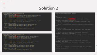 Solution 2
pprint.pprintln(combine(stats1, stats2))
/*
Map(
2020-01-18 -> Map(
"App X" -> CacheStats(Some(1000), Some(10000L), Some(4000L),
Some(1000L), Some(10000L), Some(5000L)),
"App Y" -> CacheStats(Some(800), Some(3500L), Some(6200L), None,
Some(15780L), Some(3026L)),
"App Z" -> CacheStats(None, Some(678L), Some(500L), None, Some(1600L),
None)
),
2020-01-19 -> Map(
"App A" -> CacheStats(None, None, Some(8196L), None, Some(10836L),
None),
"App B" -> CacheStats(Some(3134), Some(2854L), Some(8196L),
Some(2000L), Some(10836L), Some(6000L)),
"App C" -> CacheStats(None, None, Some(1000L), Some(467L), Some(1600L),
None)
),
2020-03-05 -> Map(
"App A" -> CacheStats(Some(8756), Some(1000L), Some(6420L),
Some(2000L), None, None),
"App Y" -> CacheStats(None, Some(1345L), Some(18064L), Some(246L),
None, None)
),
2020-04-10 -> Map("App X" -> CacheStats(Some(1879), None, Some(864L),
None, Some(5082L), None))
)
*/
val stats1: Map[LocalDate, Map[String, CacheStats]] = Map(
LocalDate.of(2020, 1, 18) -> Map(
"App X" -> CacheStats.make(Some(1000), Some(5000), Some(2000), Some(500), Some(5000), Some(2500)),
"App Y" -> CacheStats.make(None, Some(3500), Some(3100), None, Some(7890), Some(1513)),
"App Z" -> CacheStats.make(None, None, Some(500), None, Some(800), None)
),
LocalDate.of(2020, 1, 19) -> Map(
"App A" -> CacheStats.make(None, None, Some(4098), None, Some(5418), None),
"App B" -> CacheStats.make(Some(1567), Some(2854), Some(4098), Some(1000), Some(5418), Some(3000)),
"App C" -> CacheStats.make(None, None, Some(500), None, Some(800), None)
),
LocalDate.of(2020, 3, 5) -> Map(
"App A" -> CacheStats.make(Some(4378), Some(1000), Some(3210), Some(1000), None, None),
"App Y" -> CacheStats.make(None, None, Some(9032), Some(123), None, None)
),
LocalDate.of(2020, 4, 10) -> Map(
"App X" -> CacheStats.make(Some(1879), None, Some(432), None, Some(2541), None)
)
)
val stats2: Map[LocalDate, Map[String, CacheStats]] = Map(
LocalDate.of(2020, 1, 18) -> Map(
"App X" -> CacheStats.make(None, Some(5000), Some(2000), Some(500), Some(5000), Some(2500)),
"App Y" -> CacheStats.make(Some(800), None, Some(3100), None, Some(7890), Some(1513)),
"App Z" -> CacheStats.make(None, Some(678), None, None, Some(800), None)
),
LocalDate.of(2020, 1, 19) -> Map(
"App A" -> CacheStats.make(None, None, Some(4098), None, Some(5418), None),
"App B" -> CacheStats.make(Some(1567), None, Some(4098), Some(1000), Some(5418), Some(3000)),
"App C" -> CacheStats.make(None, None, Some(500), Some(467), Some(800), None)
),
LocalDate.of(2020, 3, 5) -> Map(
"App A" -> CacheStats.make(Some(4378), None, Some(3210), Some(1000), None, None),
"App Y" -> CacheStats.make(None, Some(1345), Some(9032), Some(123), None, None)
),
LocalDate.of(2020, 4, 10) -> Map(
"App X" -> CacheStats.make(None, None, Some(432), None, Some(2541), None)
)
)
 
