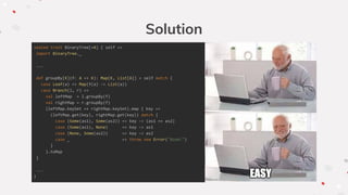 Solution
sealed trait BinaryTree[+A] { self =>
import BinaryTree._
...
def groupBy[K](f: A => K): Map[K, List[A]] = self match {
case Leaf(a) => Map(f(a) -> List(a))
case Branch(l, r) =>
val leftMap = l.groupBy(f)
val rightMap = r.groupBy(f)
(leftMap.keySet ++ rightMap.keySet).map { key =>
(leftMap.get(key), rightMap.get(key)) match {
case (Some(as1), Some(as2)) => key -> (as1 ++ as2)
case (Some(as1), None) => key -> as1
case (None, Some(as2)) => key -> as2
case _ => throw new Error("Boom!")
}
}.toMap
}
...
}
 