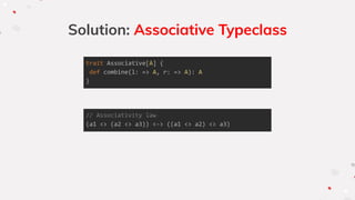 Solution: Associative Typeclass
trait Associative[A] {
def combine(l: => A, r: => A): A
}
// Associativity law
(a1 <> (a2 <> a3)) <-> ((a1 <> a2) <> a3)
 