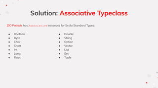 Solution: Associative Typeclass
ZIO Prelude has Associativeinstances for Scala Standard Types:
● Boolean
● Byte
● Char
● Short
● Int
● Long
● Float
● Double
● String
● Option
● Vector
● List
● Set
● Tuple
 